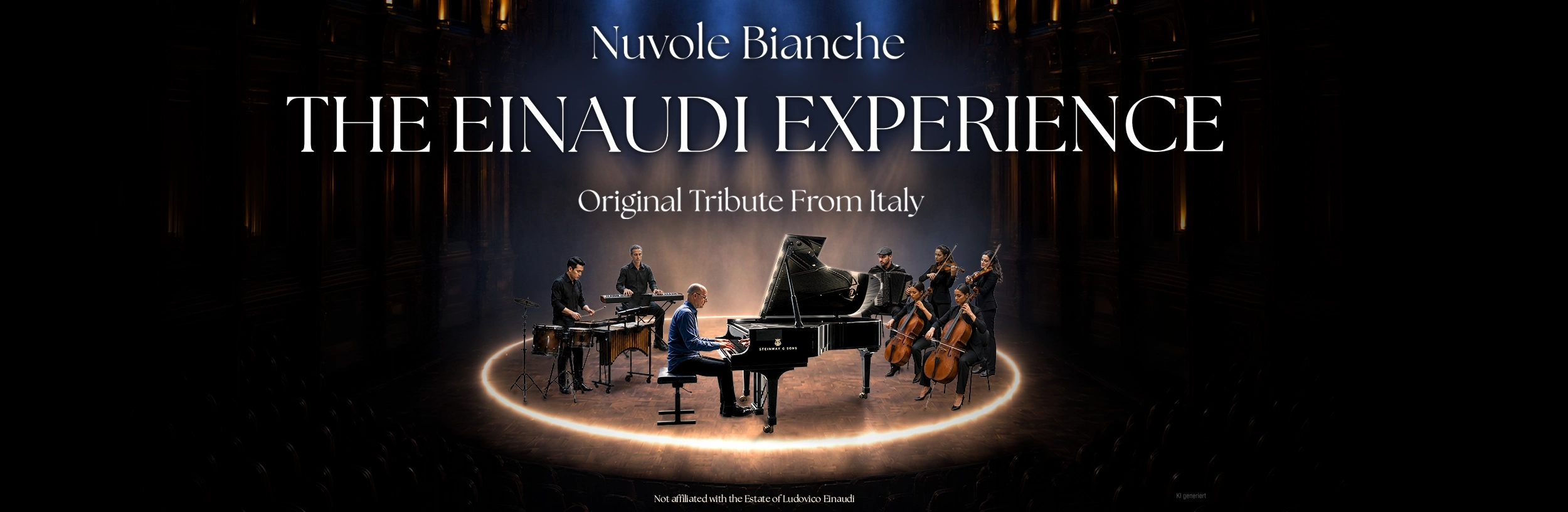 Nuvole Bianche – The Einaudi Experience mit Pianist, Streichern und Musikern auf einer stimmungsvoll beleuchteten Bühne